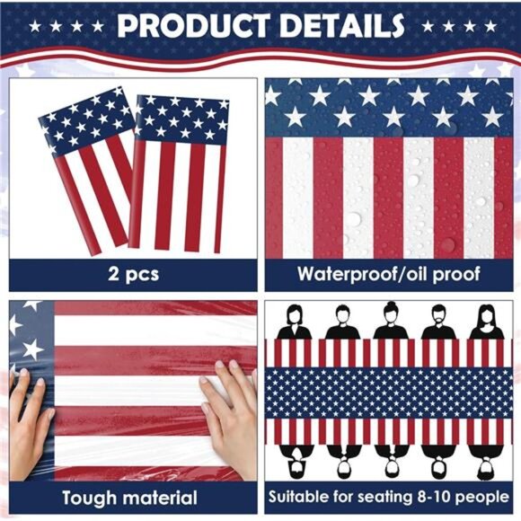 2-Pack American Flag Tablecloths – 54×108″ Plastic Patriotic Decor - Picture 4 of 7